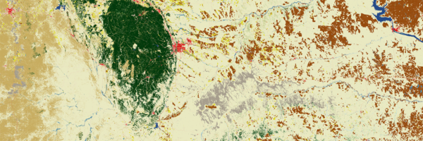 2025 Annual NLCD land cover image of the Black Hills (green), the Badlands (silver), and rangeland in western South Dakota