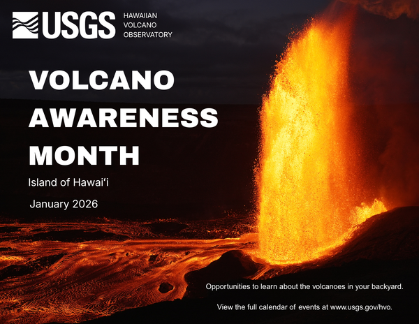 Color flyer announcing Volcano Awareness Month with lava fountain at night in the background