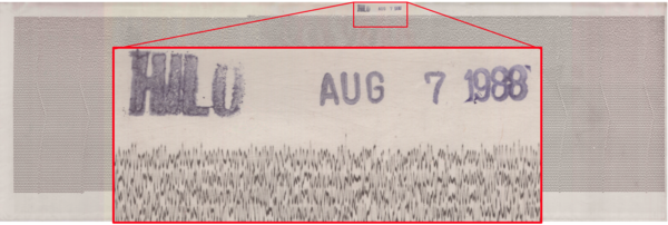 Color photograph of seismic record with date of August 7, 1988