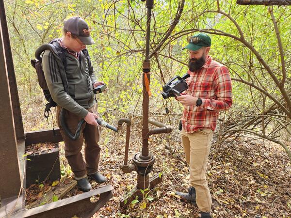 USGS and NETL scientists measuring methane emissions from an orphan well in Hillman State Park, PA