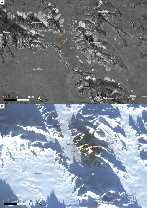 Two radar images with locations of field photos