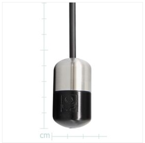 A black and silver microphone with black cable. 4.5 centimeters long and about 3 centimeters wide.