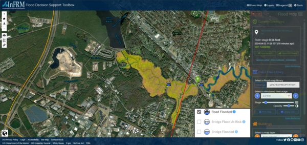 View of an interactive ariel map of a section of New Jersey with controls to alter the flood covered areas