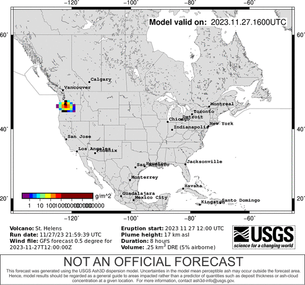 Animated Ash3D simulation of a volcanic ash cloud from a hypothetical eruption of Mt. St. Helens, WA if it occurred today.