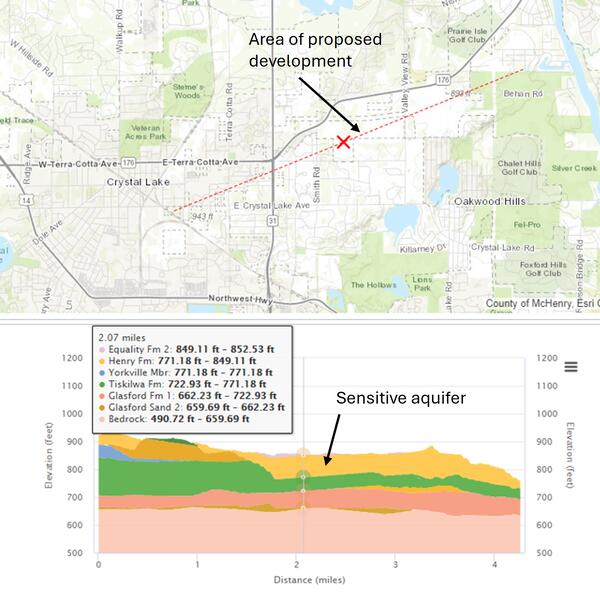 Street map of area within McHenry County IL above subsurface cross section showing rock units in different colors