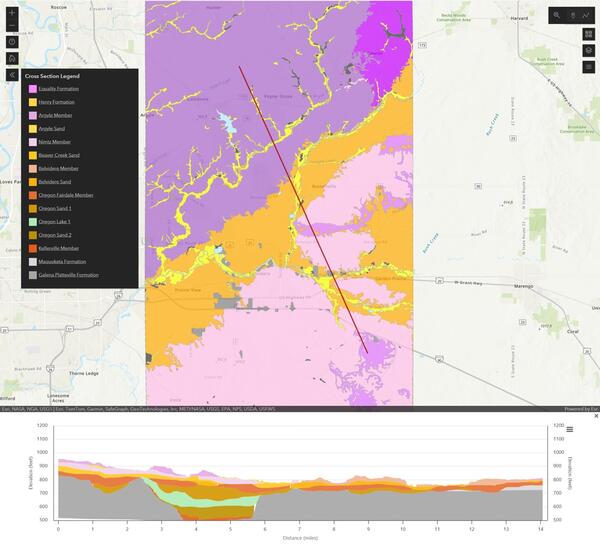 Screen clipped image showing the surficial geology of Boone County above and a subsurface diagram below using different color