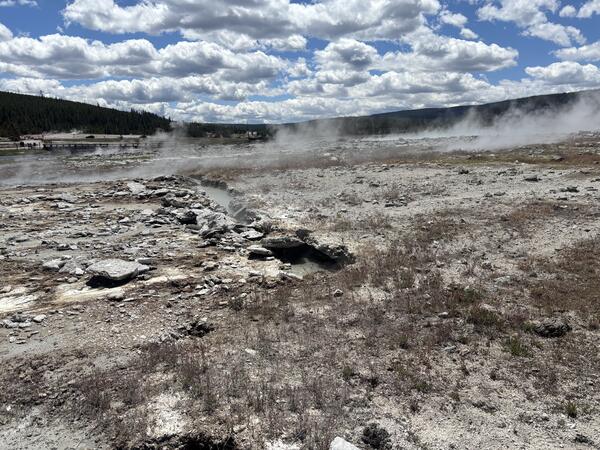 Barren, steaming ground with a water-filled crack trending away from the photographer