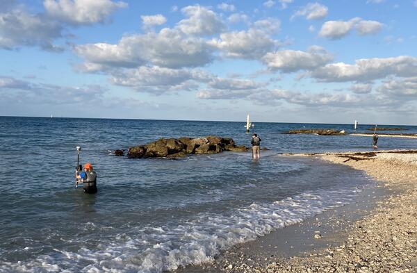 Three people take measurements while standing in water along a coastline