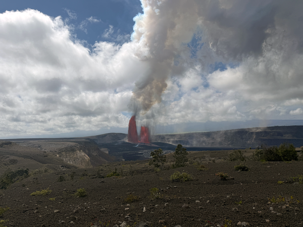 Lava fountains erupting in a crater