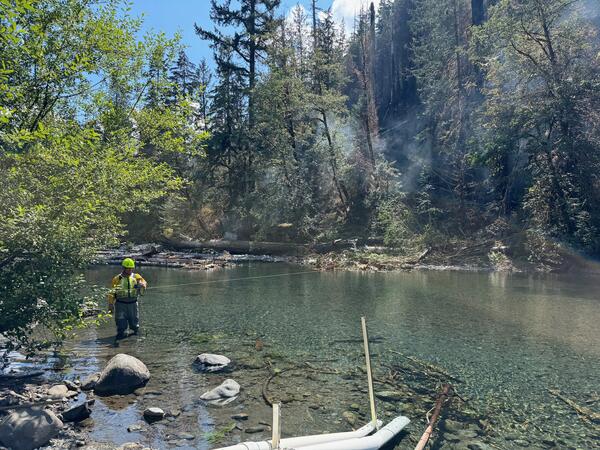 Technician stands in river measuring flow near fire