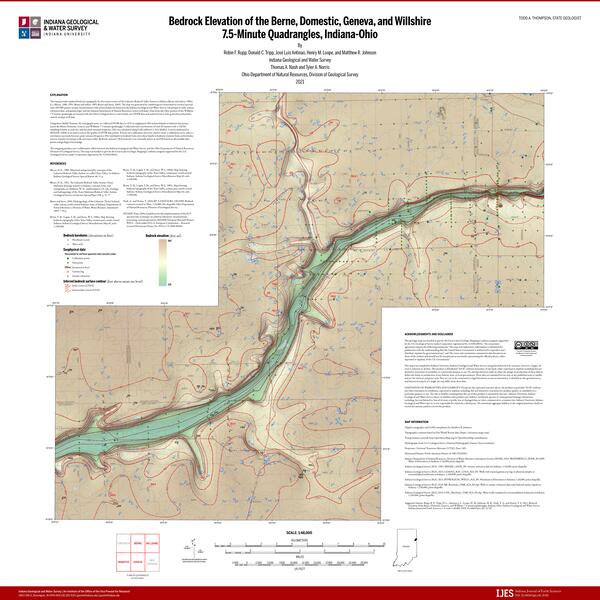 A topographic map showing bedrock topography in a scale from green (deep) to brown (shallow) with a river valley in green. 