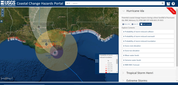 Screen shot of the USGS Coastal Change Hazards Portal showing potential coastal change impacts from Hurricane Ida in 2021.
