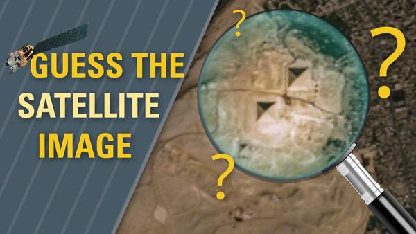 A mix of satellite images, a magnifying glass, small satellite, title and question marks