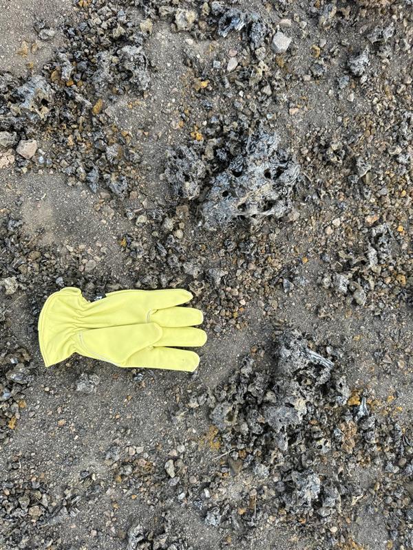 Color photograph of glove on ground