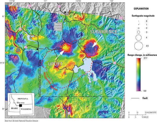 Colorful map of Yellowstone region with bullseyes of color on the north caldera rim and east caldera.