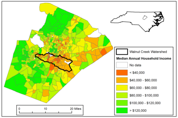 Map of Walnut Creek Watershed and Median Annual Household Income