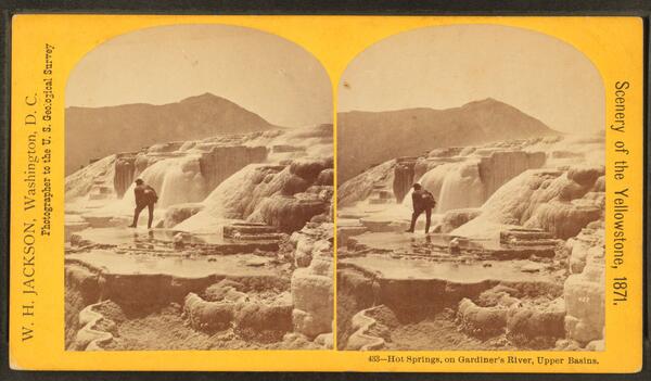 side-by-side sepia-toned image of a man bent over examining water flowing from a hot spring terrace