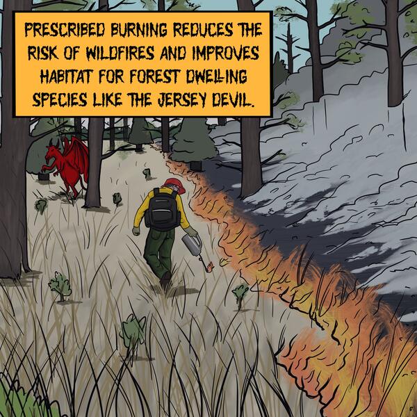 A red, devil-like creature hides behind a tree as a fire technician sets a prescribed burn line.