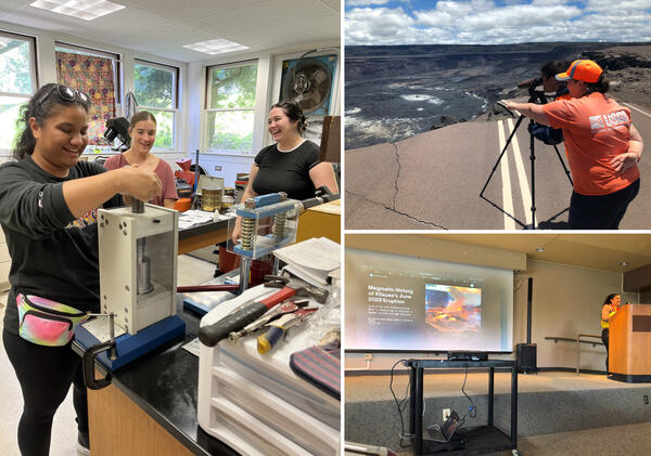 Color photographs of student in lab, in the field, and presenting