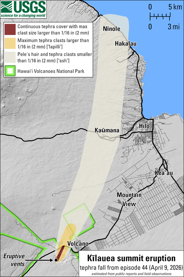 Color map showing the area of a volcano affected by fallout during a lava fountaining episode