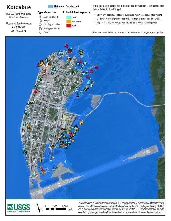 Kotzebue flood exposure map showing potential reach of floodwaters and the associated risk to structures