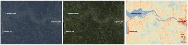 Satellite images showing atmospheric effects, clear atmosphere, and temperature of land masses 