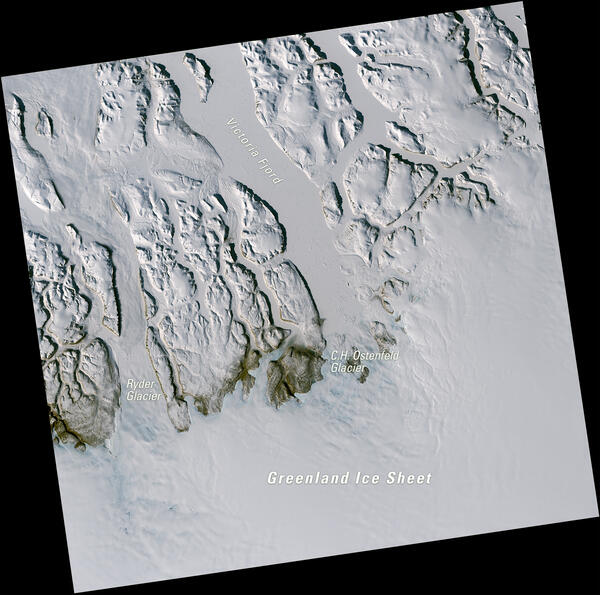 Satellite image of northern Greenland showing Ryder Glacier, C.H. Ostenfeld Glacier, Victoria Fjord, and Greenland Ice Sheet