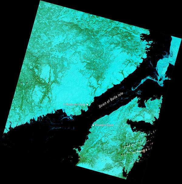 Satellite image of the Strait of Belle Isle showing L’Anse-au-Loup and Flowers Cove