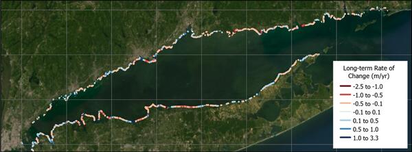 map of Long Island Sound showing long-term rate of change for each area