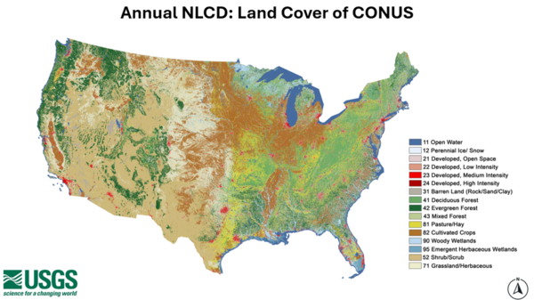 Map of land cover across the United States with legend of colors 