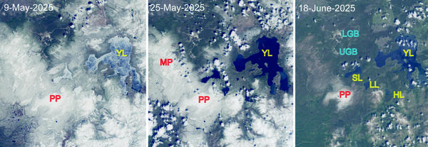 Satellite images that depict lessening snow over time in the Yellowstone region during May to June 2025