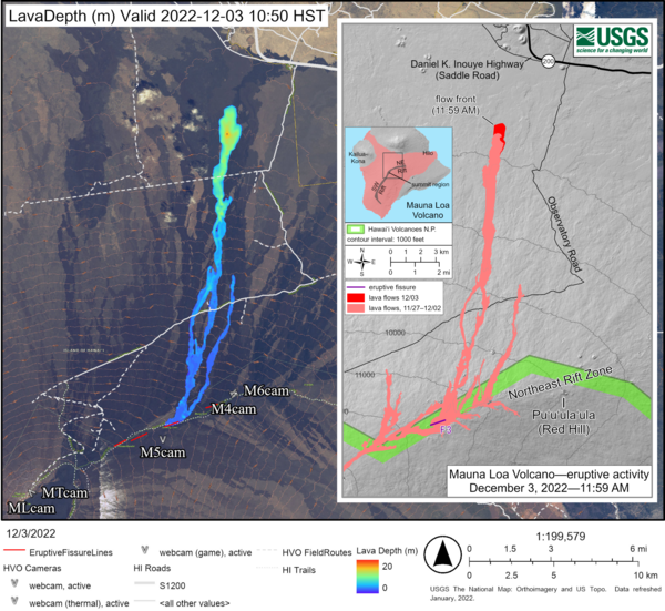 Lava2d simulation of the fissure 3 lava flow from the 2022 eruption of Mauna Loa, Hawaiʻi. 