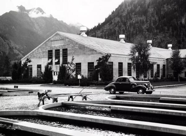 Leavenworth National Fish Hatchery is shown in 1947 with concrete containment ponds in the foreground and mountains in the background