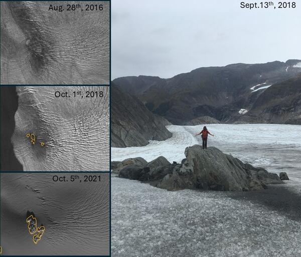 Panel images showing change in ice cover of  rock.