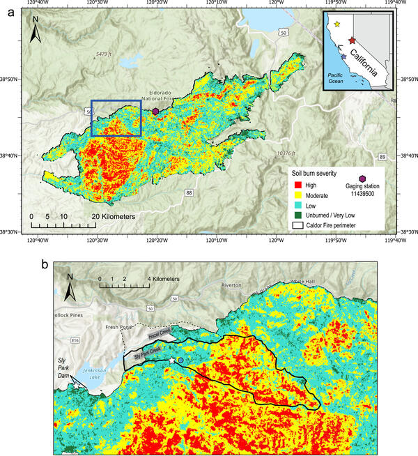 Location map of CA study area showing 2021 Caldor Fire burn zone