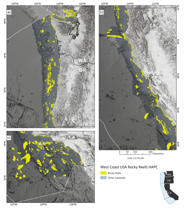 Map of West Coast USA rocky reef habitat areas of particular concern