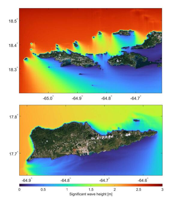 Maps showing output example for SWAN model for St Thomas and St Coix, US Virgin Islands