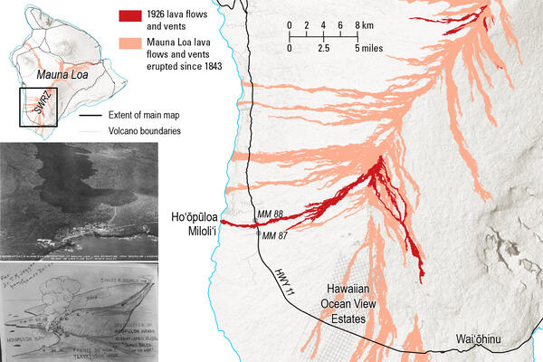 Color graphic showing lava flow map and images of eruption