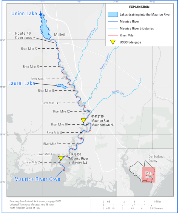 Map of the Maurice River indicating Tide monitoring sites
