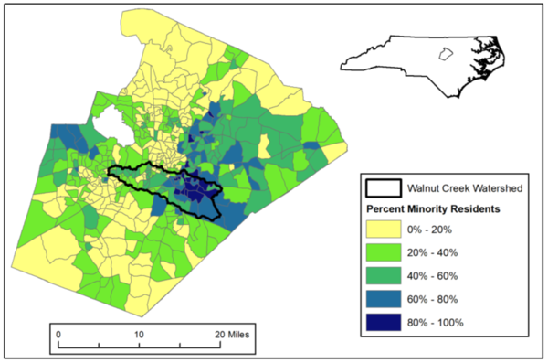 Map of Walnut Creek Watershed and Percent Minority Residents