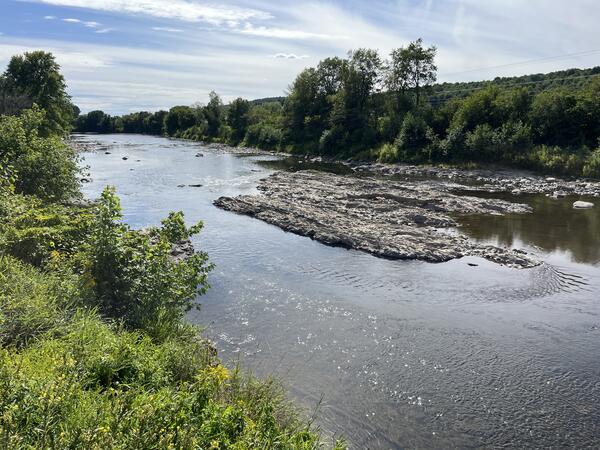 A riverbed with exposed rock. 
