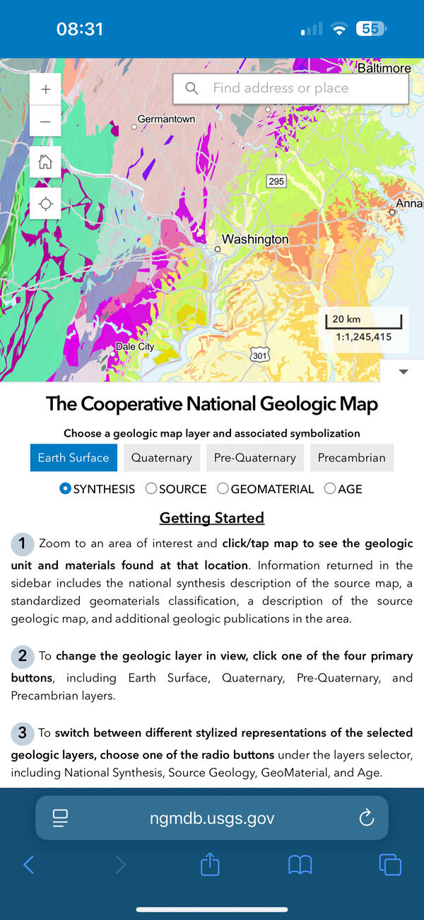 A smartphone screenshot of the new USGS Cooperative National Geologic Map web tool showing its mobile friendly