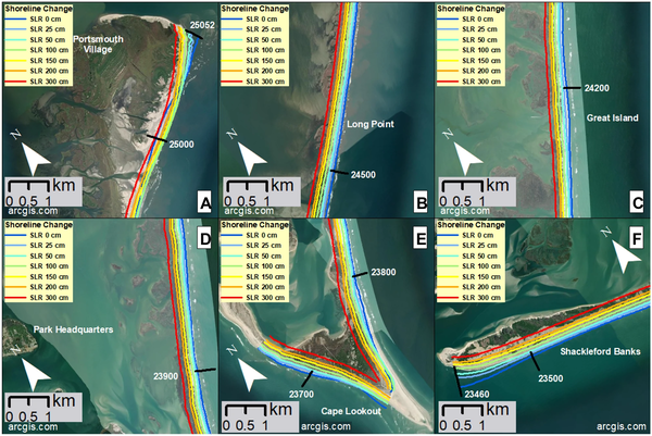 Six figures showing modeled shoreline change projections at Cape Lookout National Seashore
