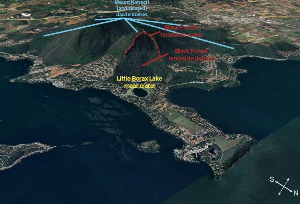 Aerial view of Mount Konocti, highlighting Little Borax Lake, the Black Forest landslide scarp and deposits