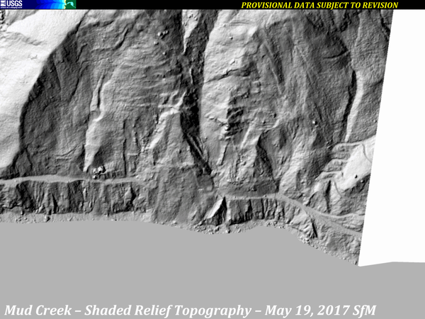 A series of images from various sources of shaded-relief topography show the progression of the Mud Creek landslide area.