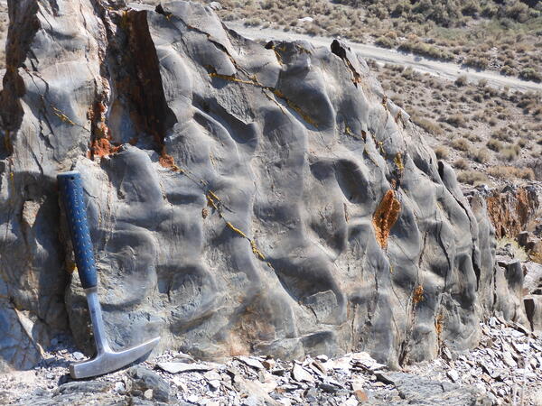 Rippling marine deposits with hammer shown for scale