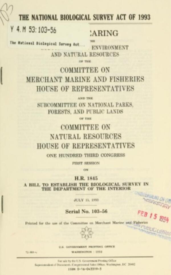 image shows the cover page for the National Biological Survey Act of 1993