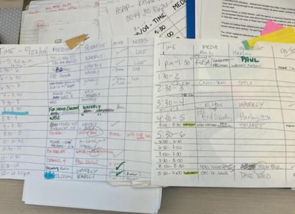 Image of schedule for news media interviews following Sumatra 2004 earthquake event 