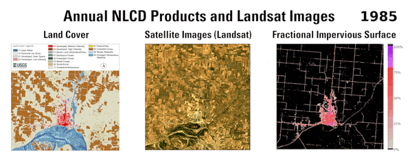 Three animations showing a city's change over 40 years, side by side with a title above