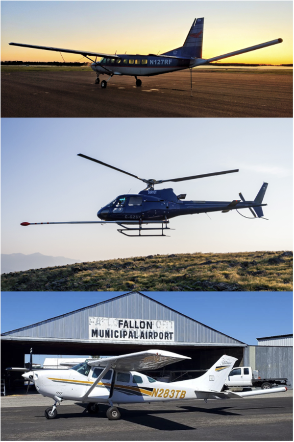 Three survey aircraft—a small plane, a helicopter, and another fixed‑wing plane—each equipped with a sensor stinger.